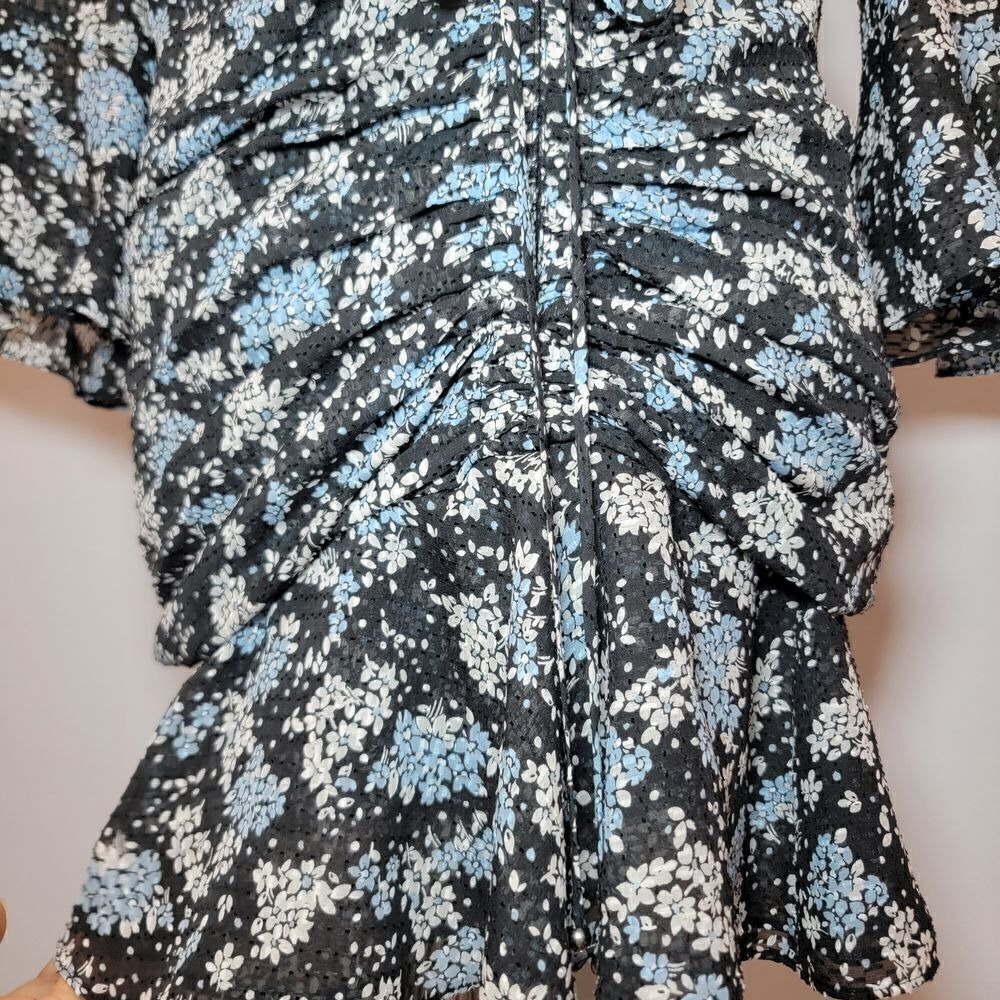 VERONICA BEARD Sean Silk Mini Dress Sz 2 Blue Black Floral Bell Sleeve Sheer - Picture 9 of 12